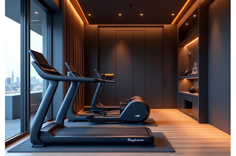 Sleek, modern smart fitness equipment in a luxury home gym setting